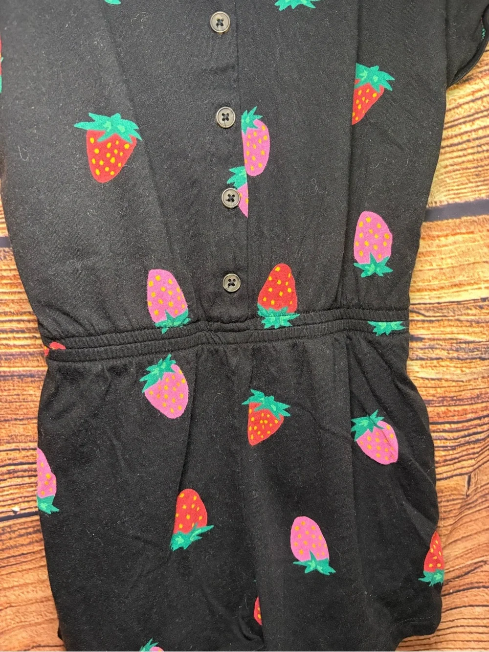 Old Navy Black Romper with Pink & Red Strawberry Print